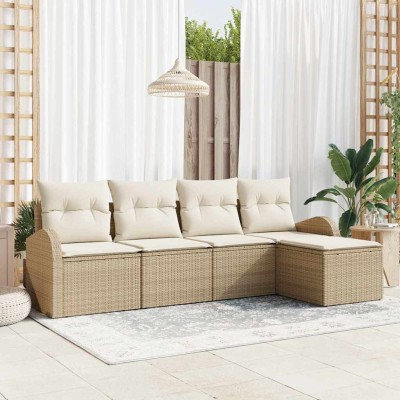 Conjunto de sofá de jardín 5 pcs Beige y blanco Poliratán
