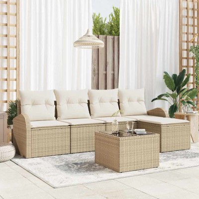 Conjunto de sofá de jardín 6 pcs Beige y blanco Poliratán