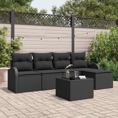 Conjunto de sofá de jardín con cojín 6 pcs Negro Poliratán