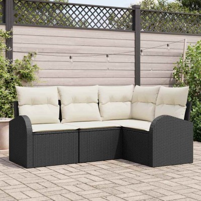 Conjunto de sofá de jardín 4 pcs Negro y blanco Poliratán