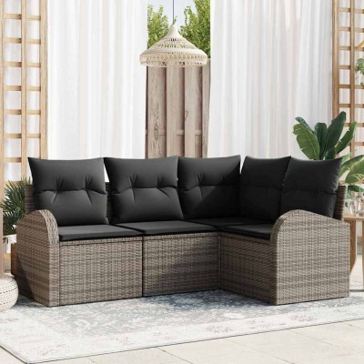 Conjunto de sofá de jardín con cojín 4 pcs Gris Poliratán