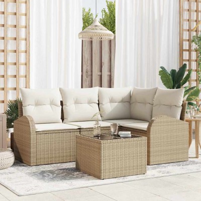 Conjunto de sofá de jardín 5 pcs Beige y blanco Poliratán