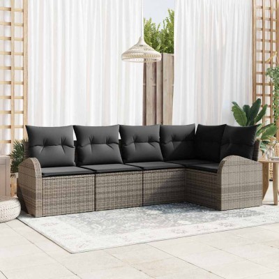 Conjunto de sofá de jardín con cojín 5 pcs Gris Poliratán