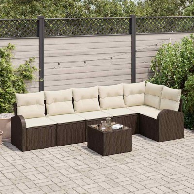 Conjunto de sofá de jardín 7 pcs Marrón y blanco Poliratán