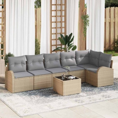Conjunto de sofá de jardín 7 pcs beige y gris claro Poliratán