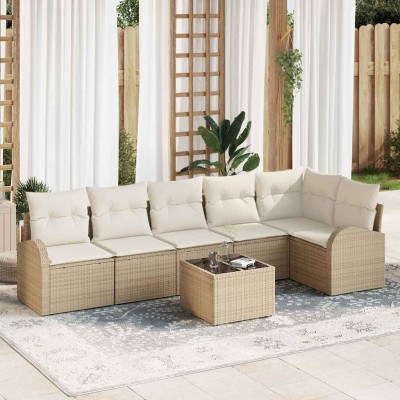 Conjunto de sofá de jardín 7 pcs Beige y blanco Poliratán