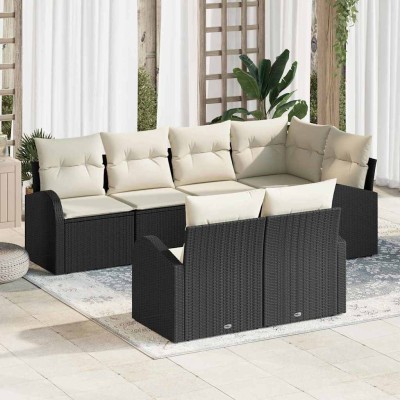 Conjunto de sofá de jardín 7 pcs Negro y blanco Poliratán