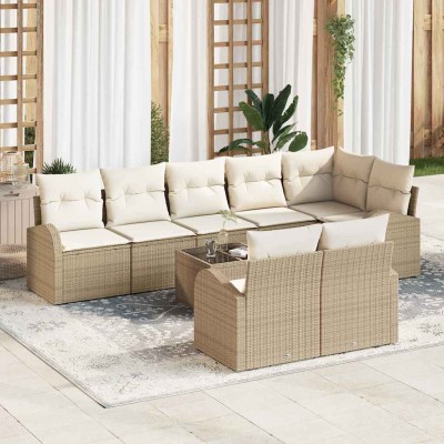 Conjunto de sofá de jardín 9 pcs Beige y blanco Poliratán