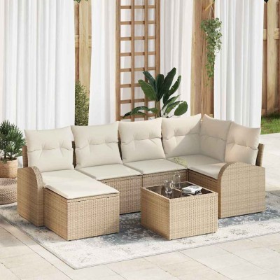 Conjunto de sofá de jardín 7 pcs Beige y blanco Poliratán