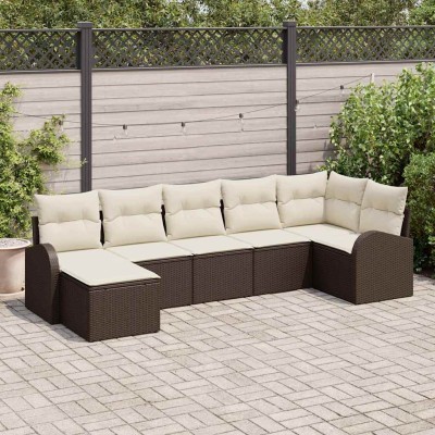 Conjunto de sofá de jardín 7 pcs Marrón Poliratán