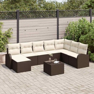 Conjunto de sofá de jardín 9 pcs Marrón y blanco Poliratán