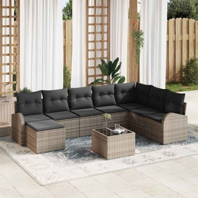Conjunto de sofá de jardín con cojín 9 pcs Gris Poliratán
