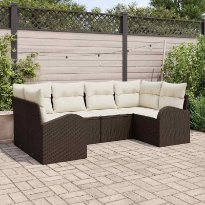 Conjunto de sofá de jardín con cojín 6 pcs Marrón Poliratán