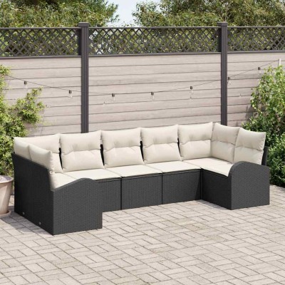Conjunto de sofá de jardín 7 pcs Negro y blanco Poliratán