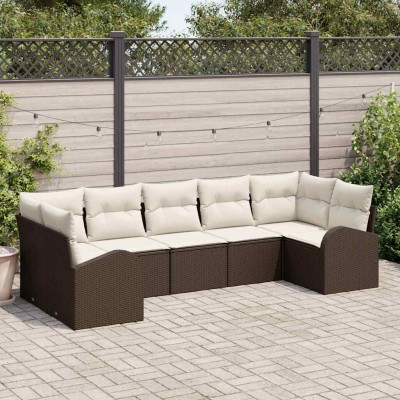 Conjunto de sofá de jardín 7 pcs Marrón y blanco Poliratán