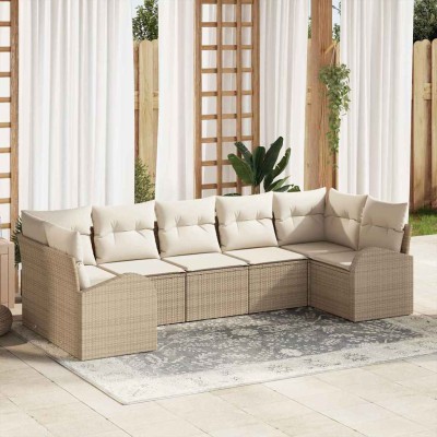 Conjunto de sofá de jardín 7 pcs Beige y blanco Poliratán