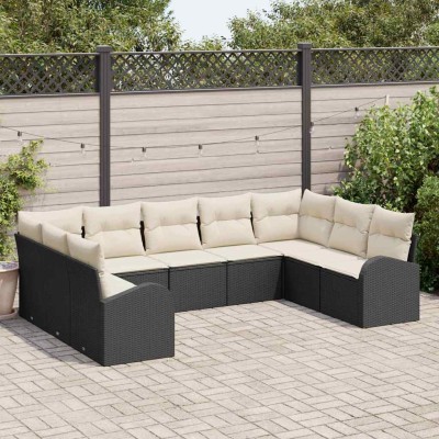 Conjunto de sofá de jardín 9 pcs Negro y blanco Poliratán