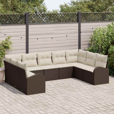 Conjunto de sofá de jardín 9 pcs Marrón y blanco Poliratán