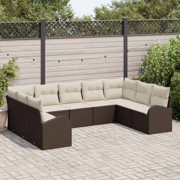 Conjunto de sofá de jardín 9 pcs Marrón y blanco Poliratán