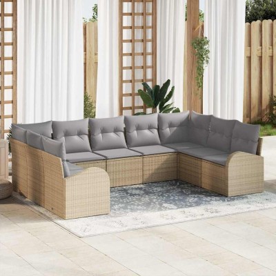 Conjunto de sofá de jardín 9 pcs beige y gris claro Poliratán