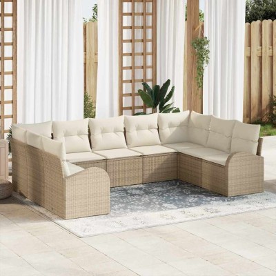 Conjunto de sofá de jardín 9 pcs Beige y blanco Poliratán