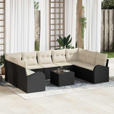 Conjunto de sofá de jardín 10 pcs Negro y blanco Poliratán