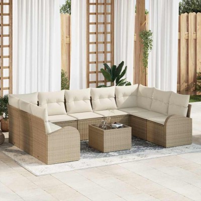 Conjunto de sofá de jardín 10 pcs Beige y blanco Poliratán