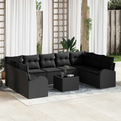Conjunto de sofá de jardín con cojín 10 pcs Negro Poliratán