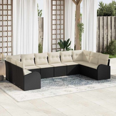 Conjunto de sofá de jardín con cojín 10 pcs Negro y crema
