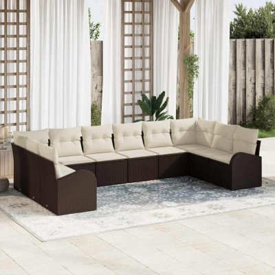 Conjunto de sofá de jardín con cojín 10 pcs Marrón y crema