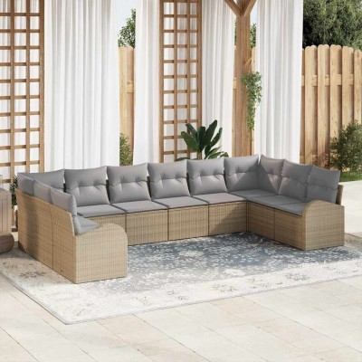 Conjunto de sofá de jardín con cojín 10 pcs Beige y Gris Claro