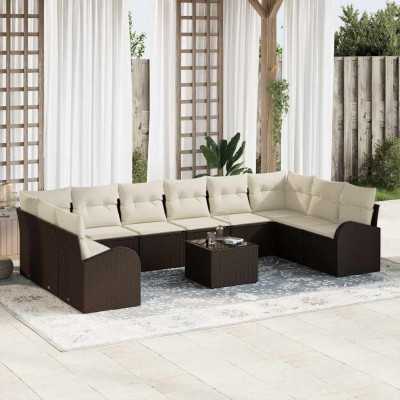 Conjunto de sofá de jardín con cojín 11 pcs Marrón y crema