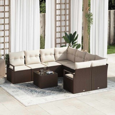 Conjunto de sofá de jardín 9 pcs Marrón y crema 55 x 55 x 37 cm