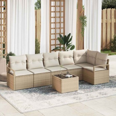 Conjunto de sofá de jardín con cojín 7 pcs Beige y Crema