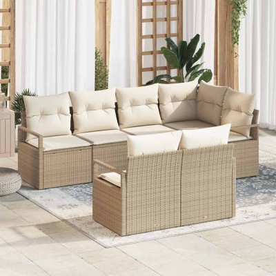 Conjunto de sofá de jardín con cojín 7 pcs Beige y Crema