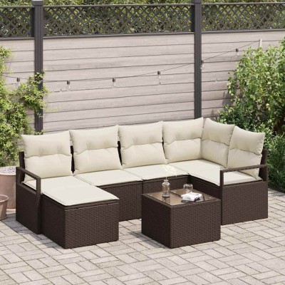 Conjunto de sofá de jardín con cojín 7 pcs Marrón y crema