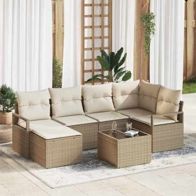 Conjunto de sofá de jardín con cojín 7 pcs Beige y Crema