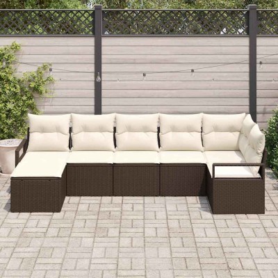 Conjunto de sofá de jardín con cojín 7 pcs Marrón y crema