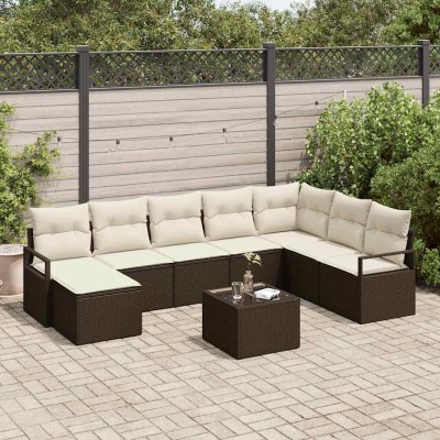Conjunto de sofá de jardín con cojín 9 pcs Marrón y crema