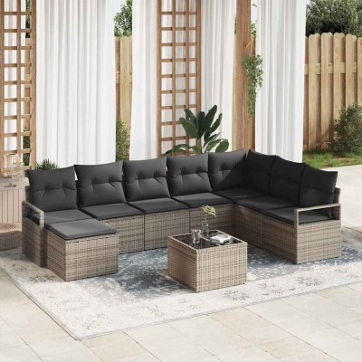 Conjunto de sofá de jardín con cojín 9 pcs Gris Claro