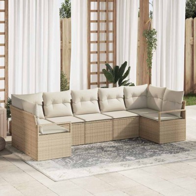 Conjunto de sofá de jardín con cojín 7 pcs Beige y Crema