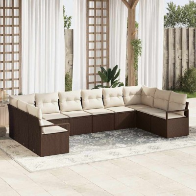 Conjunto de sofá de jardín con cojín 10 pcs Marrón y crema
