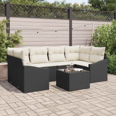 Conjunto de sofá de jardín 7 pcs Negro y crema 55 x 55 x 37 cm