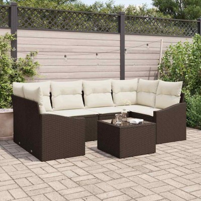 Conjunto de sofá de jardín 7 pcs Marrón y crema 55 x 55 x 37 cm