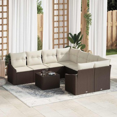Conjunto de sofá de jardín 9 pcs Marrón y crema 55 x 55 x 37 cm