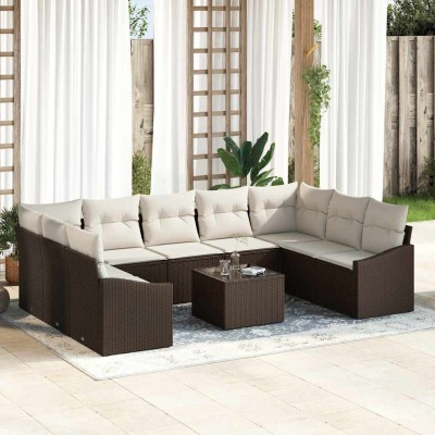 Conjunto de Comedor de Jardín con cojín 10 pcs Marrón y crema