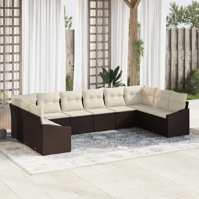 Conjunto de Comedor de Jardín con cojín 10 pcs Marrón y crema