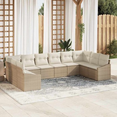 Conjunto de Comedor de Jardín con cojín 10 pcs Beige y Crema