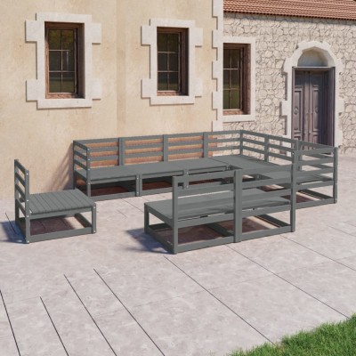 Juego de muebles de jardín 9 pzas y cojines gris madera pino