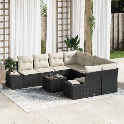Conjunto de sofá de jardín 9 pcs Negro y crema 55 x 55 x 37 cm